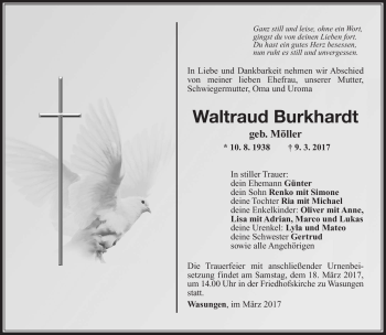 Traueranzeige von Waltraud Burkhardt von Südthüringer Presse