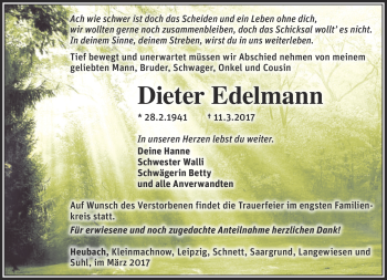 Traueranzeige von Dieter Edelmann von Südthüringer Presse