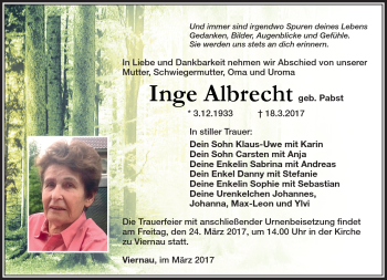 Traueranzeige von Inge Albrecht von Südthüringer Presse