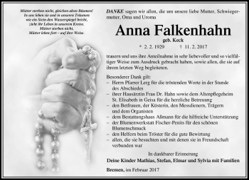 Traueranzeige von Anna Falkenhan von Südthüringer Presse