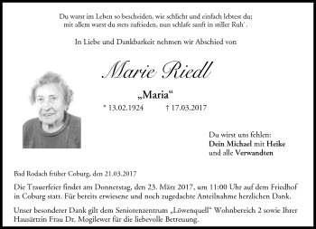 Traueranzeige von Marie Riedl von Neue Presse Coburg