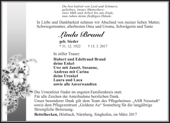 Traueranzeige von Linda Brand von Südthüringer Presse