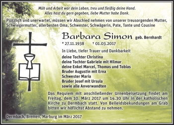 Traueranzeige von Barbara Simon von Südthüringer Presse