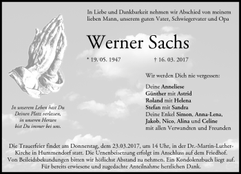 Traueranzeige von Werner Sachs von Neue Presse Coburg