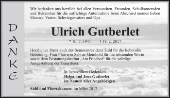 Traueranzeige von Ulrich Gutberlet von Südthüringer Presse