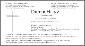 Traueranzeige von Dieter Heinze von Frankenpost