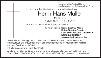 Traueranzeige von Hans Müller von Frankenpost