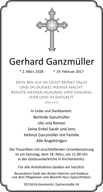 Traueranzeige von Gerhard Ganzmüller von Frankenpost