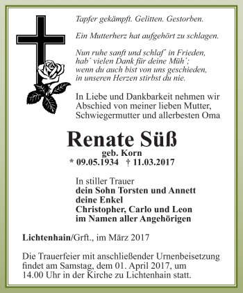 Traueranzeige von Renate Süß von Südthüringer Presse