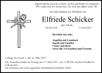 Traueranzeige von Elfriede Schicker von Neue Presse Coburg