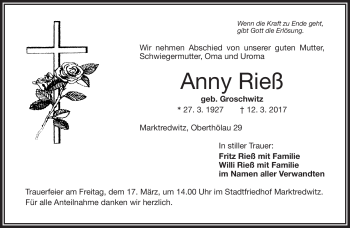 Traueranzeige von Anny Rieß von Frankenpost