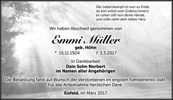 Traueranzeige von Emmi Müller von Südthüringer Presse