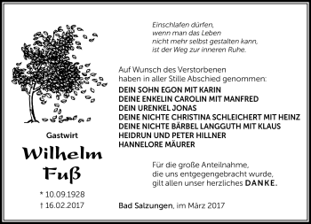 Traueranzeige von Wilhelm Fuß von Südthüringer Presse