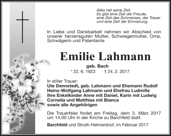 Traueranzeige von Emilie Lahmann von Südthüringer Presse