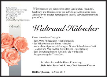 Traueranzeige von Waltraud Hübscher von Südthüringer Presse
