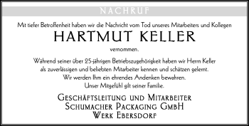 Traueranzeige von Hartmut Keller von Neue Presse Coburg