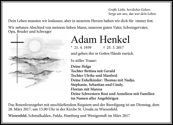 Traueranzeige von Adam Henkel von Südthüringer Presse