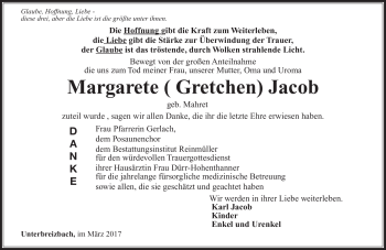 Traueranzeige von Margarete Jacob von Südthüringer Presse