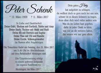 Traueranzeige von Peter Schenk von Südthüringer Presse