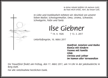 Traueranzeige von Ilse Giebner von Frankenpost