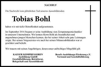Traueranzeige von Tobias Bohl von Neue Presse Coburg