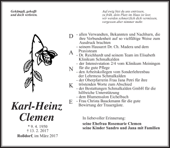 Traueranzeige von Karl-Heinz Clemen von Südthüringer Presse