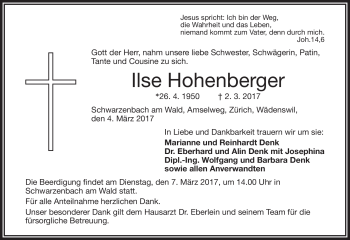 Traueranzeige von Ilse Hohenberger von Frankenpost