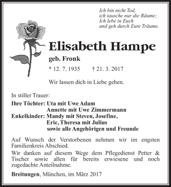 Traueranzeige von Elisabeth Hampe von Südthüringer Presse