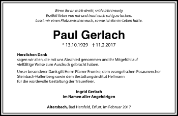 Traueranzeige von Paul Gerlach von Südthüringer Presse