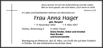 Traueranzeige von Anna Hager von Frankenpost