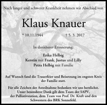 Traueranzeige von Klaus Knauer von Neue Presse Coburg
