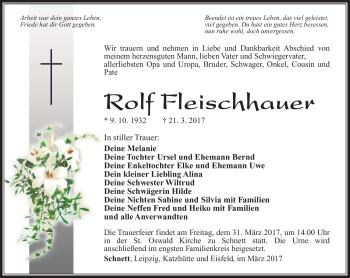 Traueranzeige von Rolf Fleischhauer von Südthüringer Presse