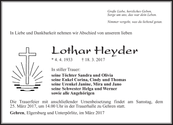 Traueranzeige von Lothar Heyder von Südthüringer Presse