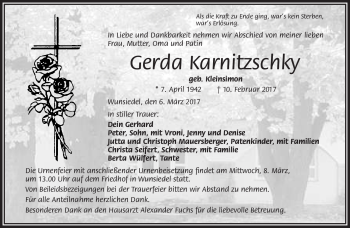 Traueranzeige von Gerda Karnitzschky von Frankenpost