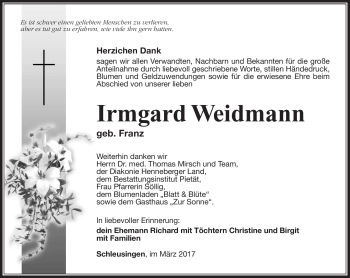 Traueranzeige von Irmgard Weidmann von Südthüringer Presse