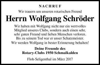 Traueranzeige von Wolfgang Schröder von Südthüringer Presse