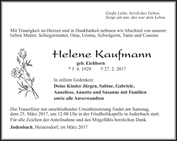 Traueranzeige von Helene Kaufmann von Südthüringer Presse