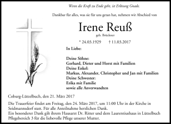 Traueranzeige von Irene Reuß von Neue Presse Coburg