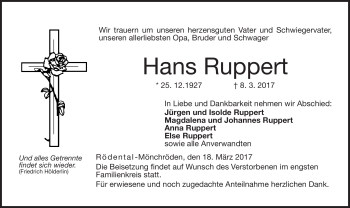Traueranzeige von Hans Ruppert von Neue Presse Coburg