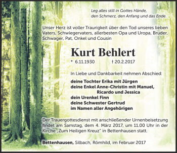 Traueranzeige von Kurt Behlert von Südthüringer Presse