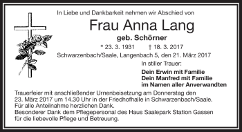 Traueranzeige von Anna Lang von Frankenpost
