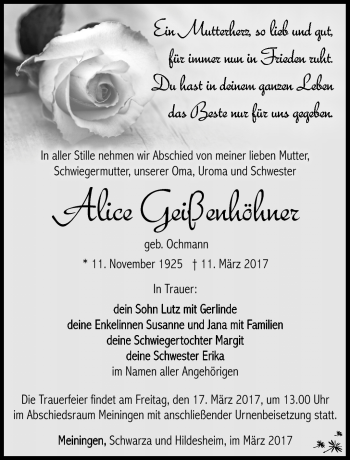 Traueranzeige von Alice Geißenhöhner von Südthüringer Presse