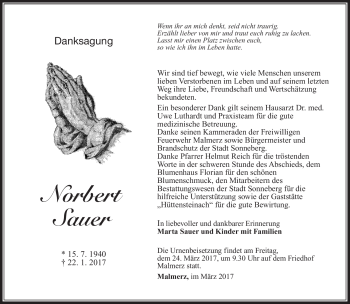 Traueranzeige von Norbert Sauer von Südthüringer Presse