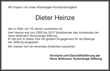 Traueranzeige von Dieter Heinze von Frankenpost