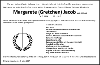Traueranzeige von Margarete Jacob von Südthüringer Presse