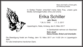 Traueranzeige von Erika Schiller von Frankenpost
