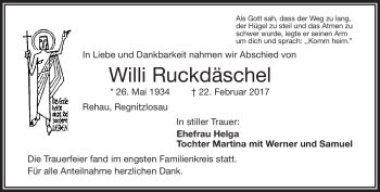 Traueranzeige von Willi Ruckdäschel von Frankenpost