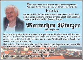 Traueranzeige von Mariechen Wintzer von Südthüringer Presse