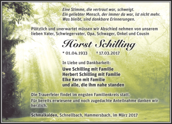 Traueranzeige von Horst Schillig von Südthüringer Presse
