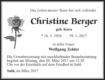 Traueranzeige von Christine Berger von Südthüringer Presse